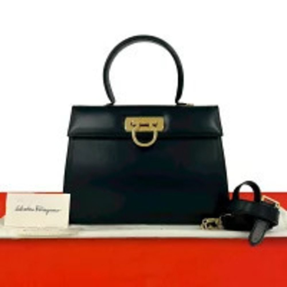 Salvatore Ferragamo Gancini Leather Handbag Shoulder Navy Blue